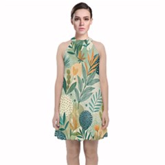 Leaves Pattern Flora Velvet Halter Neckline Dress 