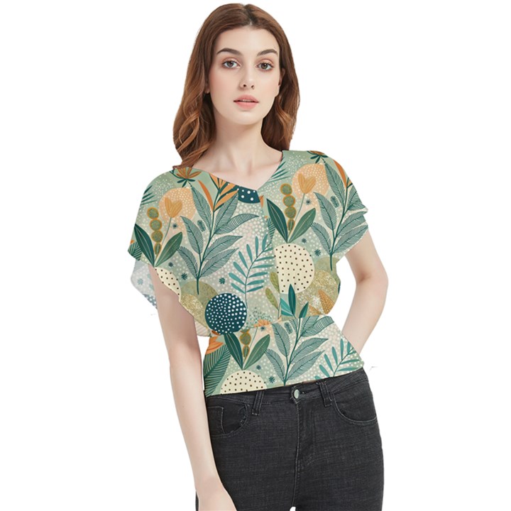 Leaves Pattern Flora Butterfly Chiffon Blouse