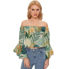 Leaves Pattern Flora Off Shoulder Flutter Bell Sleeve Top