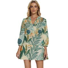 Leaves Pattern Flora V-neck Placket Mini Dress by Salmanaz77