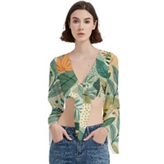 Leaves Pattern Flora Trumpet Sleeve Cropped Top