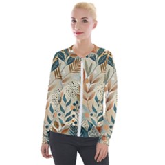 Leaves Pattern Floral Velvet Zip Up Jacket by Salmanaz77