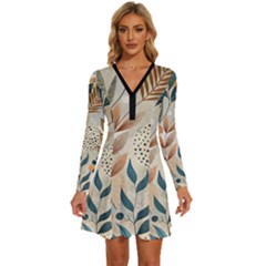 Leaves Pattern Floral Long Sleeve Deep V Mini Dress  by Salmanaz77