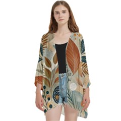 Leaves Pattern Floral Open Front 3/4 Sleeve Batwing Chiffon Cardigan Kimono by Salmanaz77