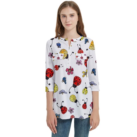 Seamless Pattern Nature Flowers Women s Zip Front V-neck 3/4 Sleeve Casual Top Pocket Shirt by Salmanaz77