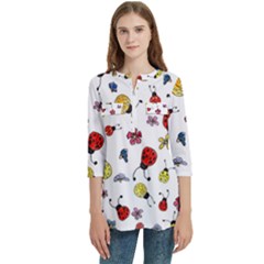 Seamless Pattern Nature Flowers Women s Zip Front V-neck 3/4 Sleeve Casual Top Pocket Shirt