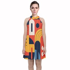 Abstract Pattern Design Velvet Halter Neckline Dress 