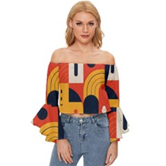 Abstract Pattern Design Off Shoulder Flutter Bell Sleeve Top