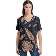 Background Pattern Leaves Texture V-neck Split Shoulder Casual T-shirt by Salmanaz77