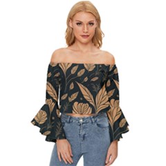 Background Pattern Leaves Texture Off Shoulder Flutter Bell Sleeve Top