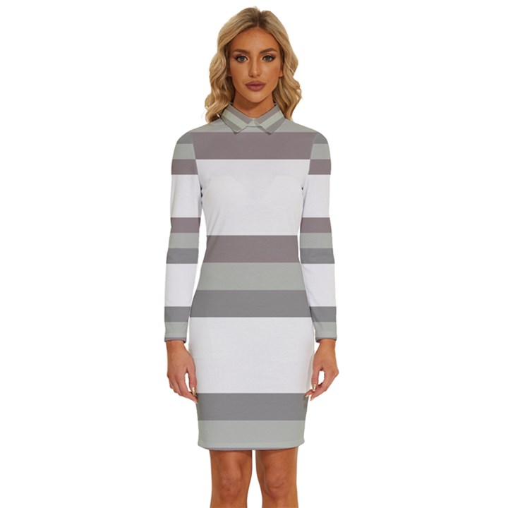 Minimal Mixed Abstract Lines Print Copia Long Sleeve Shirt Collar Bodycon Dress