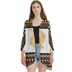 African Women Pattern Seamless Style Open Front 3/4 Sleeve Batwing Chiffon Cardigan Kimono by Bedest