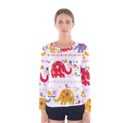 African Elephant Cute Cartoon Seamless Shading Cartoon Character Women s Long Sleeve T-shirt