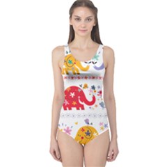 African Elephant Cute Cartoon Seamless Shading Cartoon Character One Piece Swimsuit by Bedest