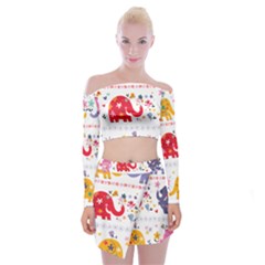 African Elephant Cute Cartoon Seamless Shading Cartoon Character Off Shoulder Top With Mini Skirt Set by Bedest