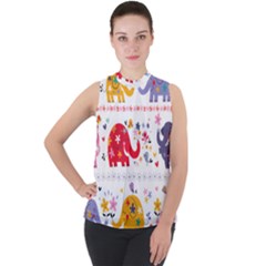 African Elephant Cute Cartoon Seamless Shading Cartoon Character Mock Neck Chiffon Sleeveless Top by Bedest