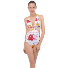 African Elephant Cute Cartoon Seamless Shading Cartoon Character Halter Front Plunge Swimsuit by Bedest