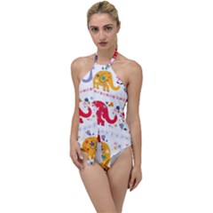 African Elephant Cute Cartoon Seamless Shading Cartoon Character Go With The Flow One Piece Swimsuit by Bedest