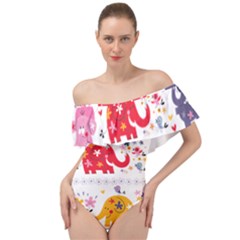 African Elephant Cute Cartoon Seamless Shading Cartoon Character Off Shoulder Velour Bodysuit  by Bedest