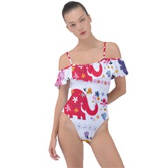 African Elephant Cute Cartoon Seamless Shading Cartoon Character Frill Detail One Piece Swimsuit by Bedest