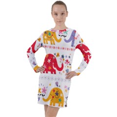 African Elephant Cute Cartoon Seamless Shading Cartoon Character Long Sleeve Hoodie Dress by Bedest