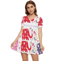 African Elephant Cute Cartoon Seamless Shading Cartoon Character Tiered Short Sleeve Babydoll Dress