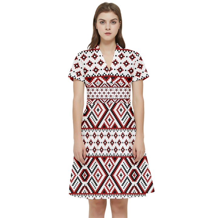 Ukrainian Folk Seamless Pattern Ornament Short Sleeve Waist Detail Dress