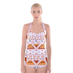 Bright Aztec Ethnic Seamless Pattern Boyleg Halter Swimsuit 