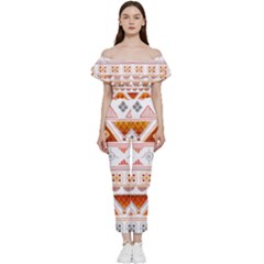 Bright Aztec Ethnic Seamless Pattern Bardot Ruffle Jumpsuit by Bedest