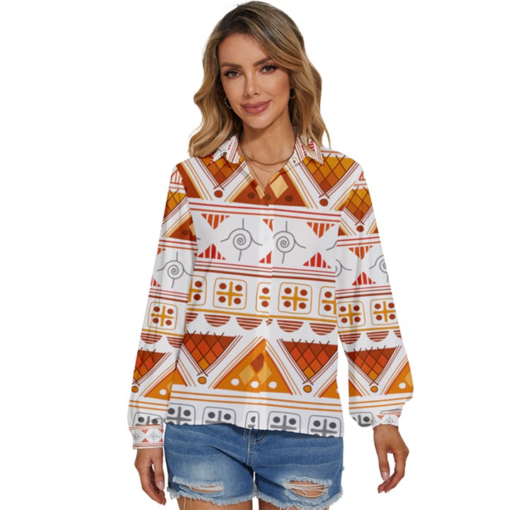 Bright Aztec Ethnic Seamless Pattern Women s Long Sleeve Button Up Shirt