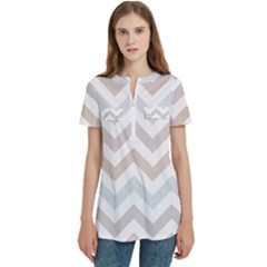 Colored Zigzag Seamless Patterns Women s Zip Front V-neck Short Sleeve Casual Top Pocket Shirt