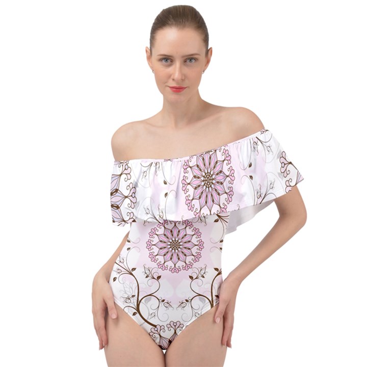 Floral Flora Flower Seamless Pattern Off Shoulder Velour Bodysuit 