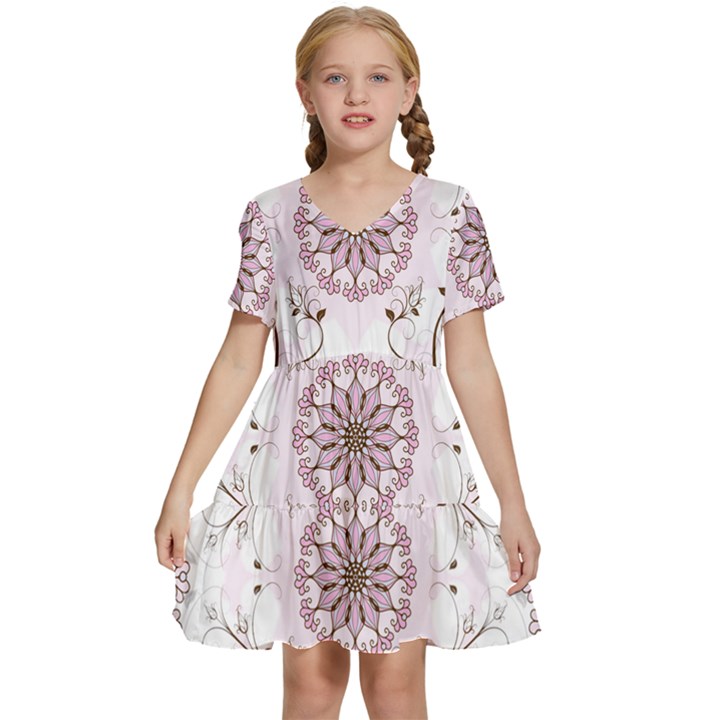 Floral Flora Flower Seamless Pattern Kids  Short Sleeve Tiered Mini Dress