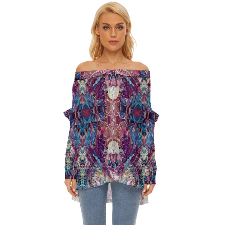 Abstract symmetry Off Shoulder Chiffon Pocket Shirt