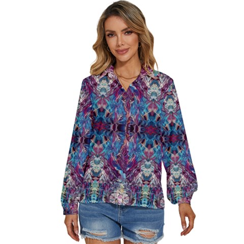 Abstract Symmetry Women s Long Sleeve Button Up Shirt by kaleidomarblingart