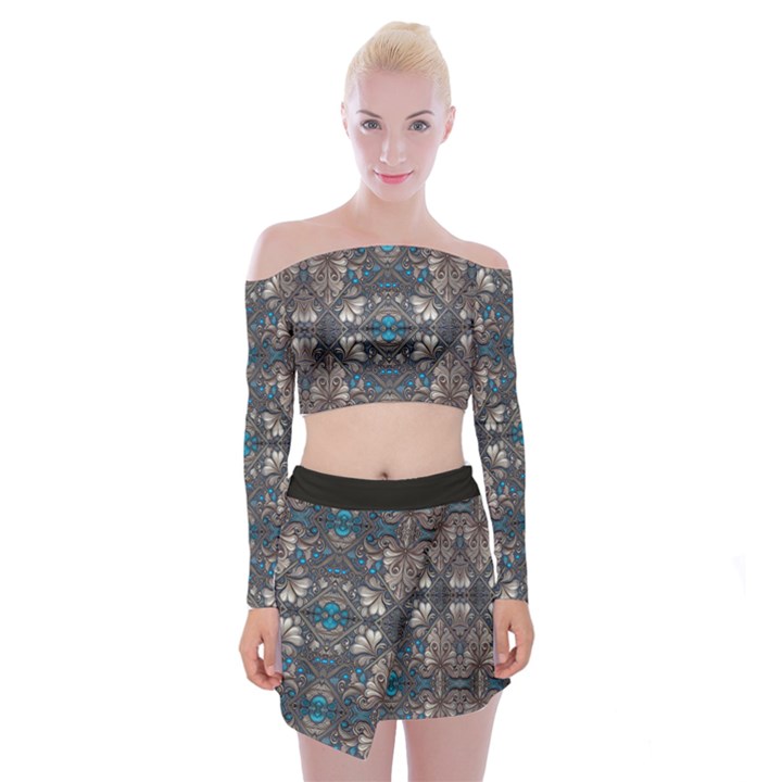 Ornate baroque floral pattern print Off Shoulder Top with Mini Skirt Set