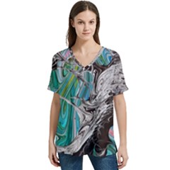 Marbling Mono Blend  V-neck Split Shoulder Casual T-shirt by kaleidomarblingart