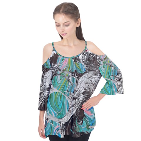 Marbling Mono Blend  Flutter Sleeve T-shirt by kaleidomarblingart