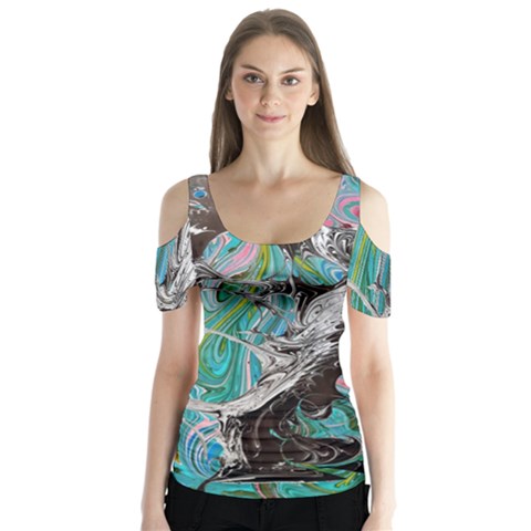 Marbling Mono Blend  Butterfly Sleeve Cutout T-shirt  by kaleidomarblingart