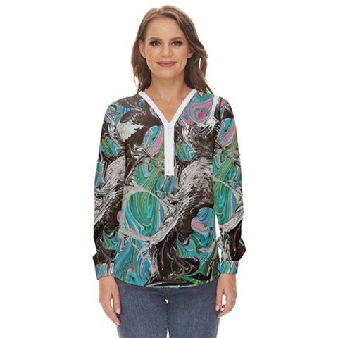 Marbling Mono Blend  Zip Up Long Sleeve Blouse by kaleidomarblingart