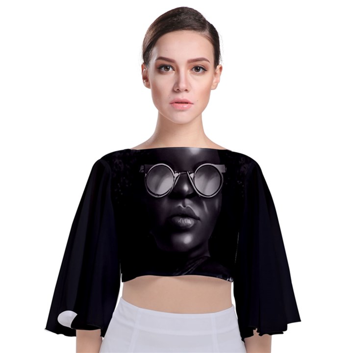 Cool Afro Beauty Portrait Illustration (AI+Human) Tie Back Butterfly Sleeve Chiffon Top