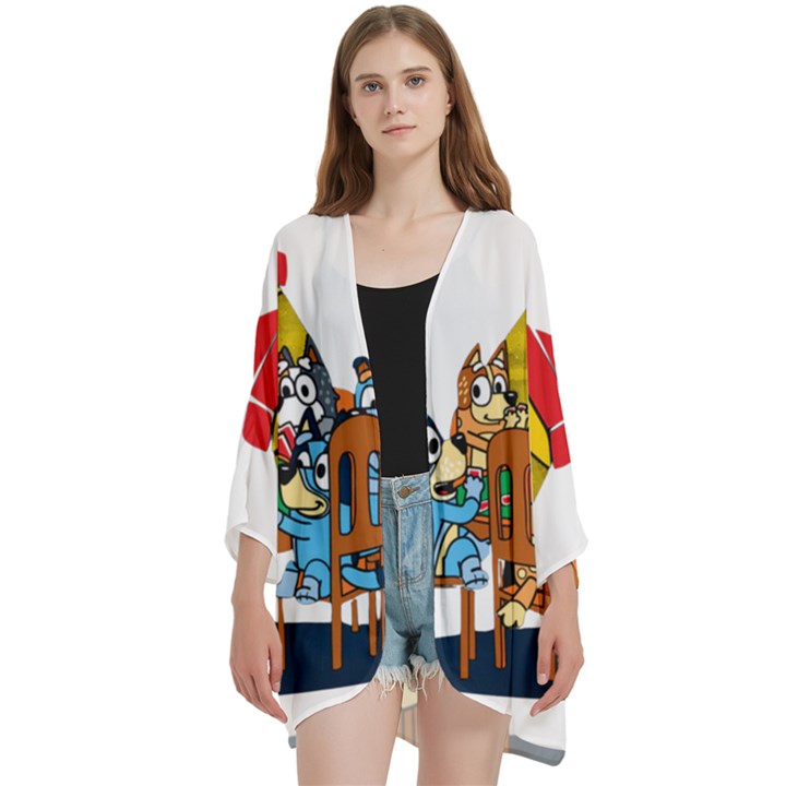 Bluey Open Front 3/4 Sleeve Batwing Chiffon Cardigan Kimono