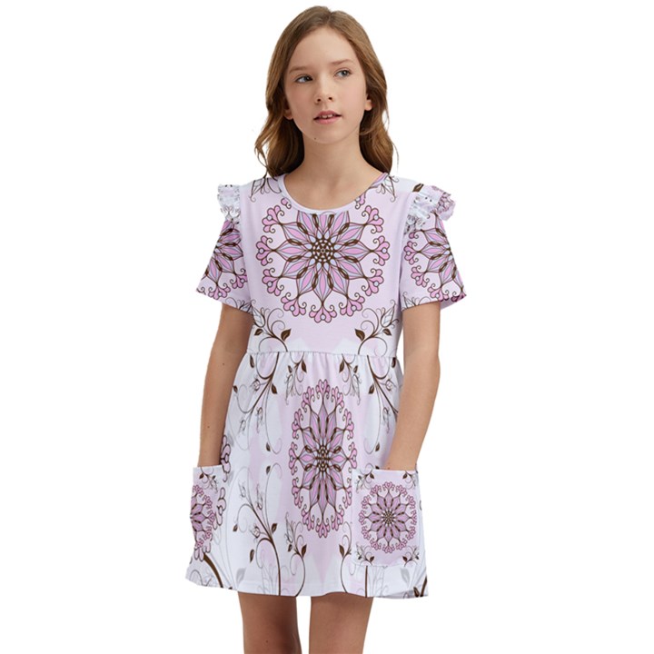 Floral Flora Flower Seamless Pattern Kids  Frilly Sleeves Pocket Dress