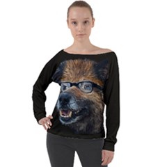 Witty Woof Print Illustration Off Shoulder Long Sleeve Velour Top