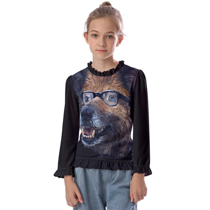 Witty Woof Print Illustration Kids  Frill Detail T-Shirt