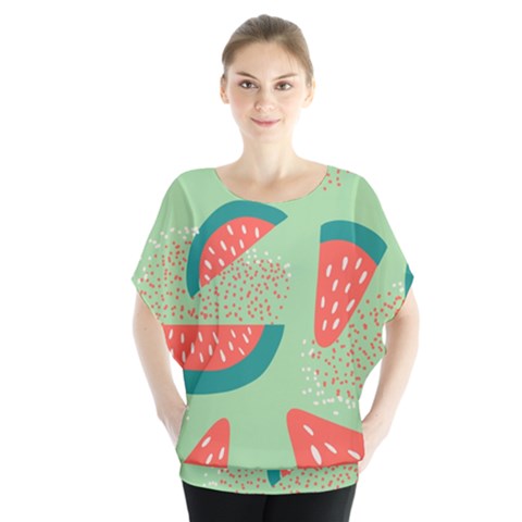 Watermelon Dots Summer Pattern Batwing Chiffon Blouse by Bedest