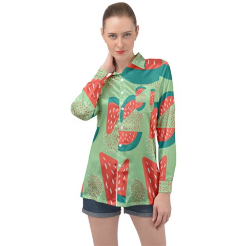 Watermelon Dots Summer Pattern Long Sleeve Satin Shirt by Bedest