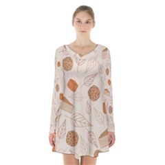 Leaves Cake Cookies Pattern Long Sleeve Velvet V-neck Dress