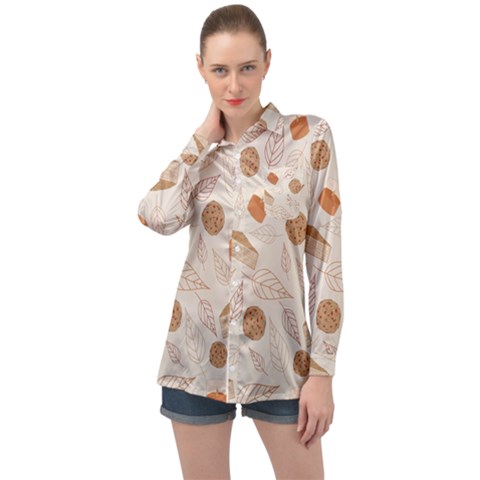 Leaves Cake Cookies Pattern Long Sleeve Satin Shirt by Bedest