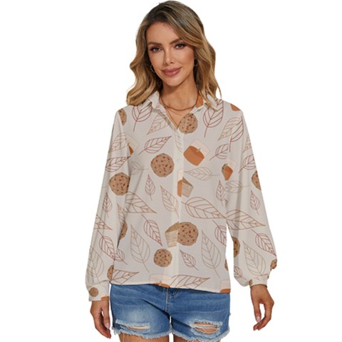 Leaves Cake Cookies Pattern Women s Long Sleeve Button Up Shirt by Bedest